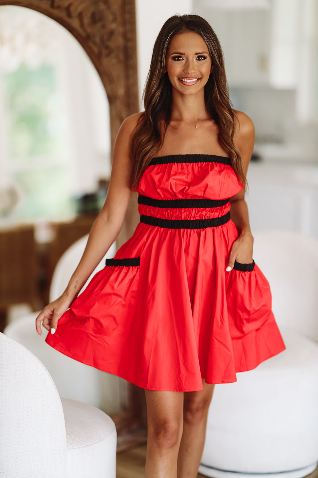 Here I Am Mini Dress - Red and Black