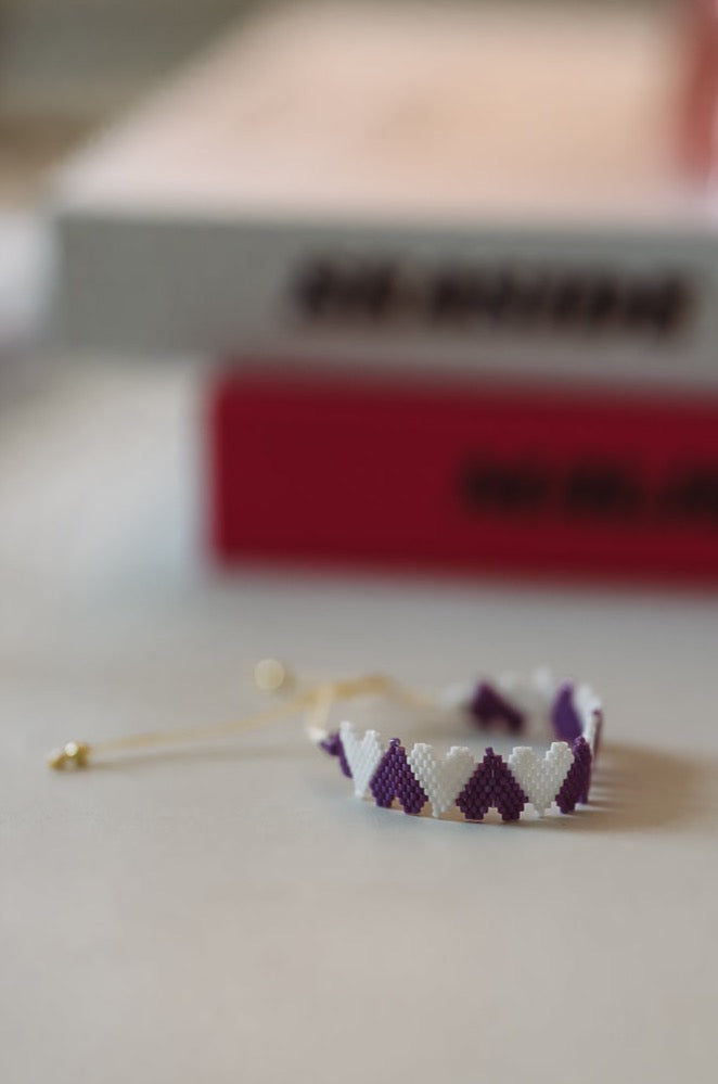 Beaded Heart Gameday Bracelet - Purple and White