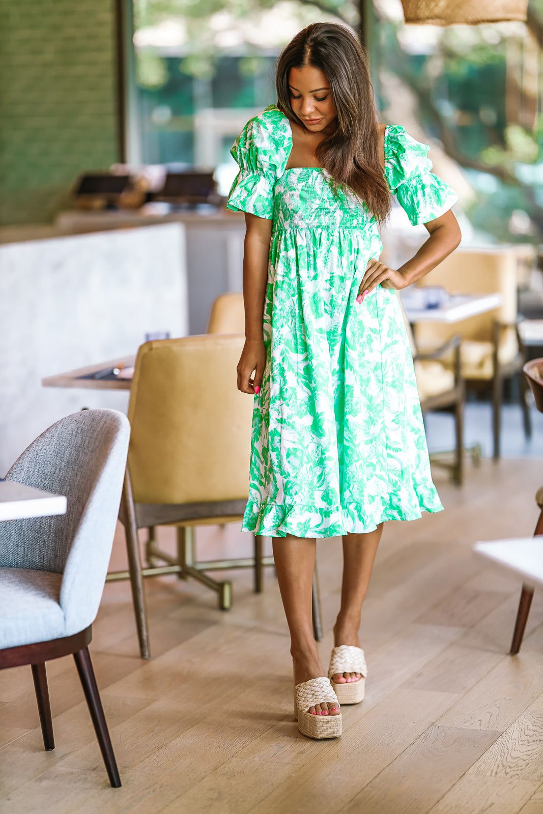 A Day in the Life Midi Dress - Green and White - H&O