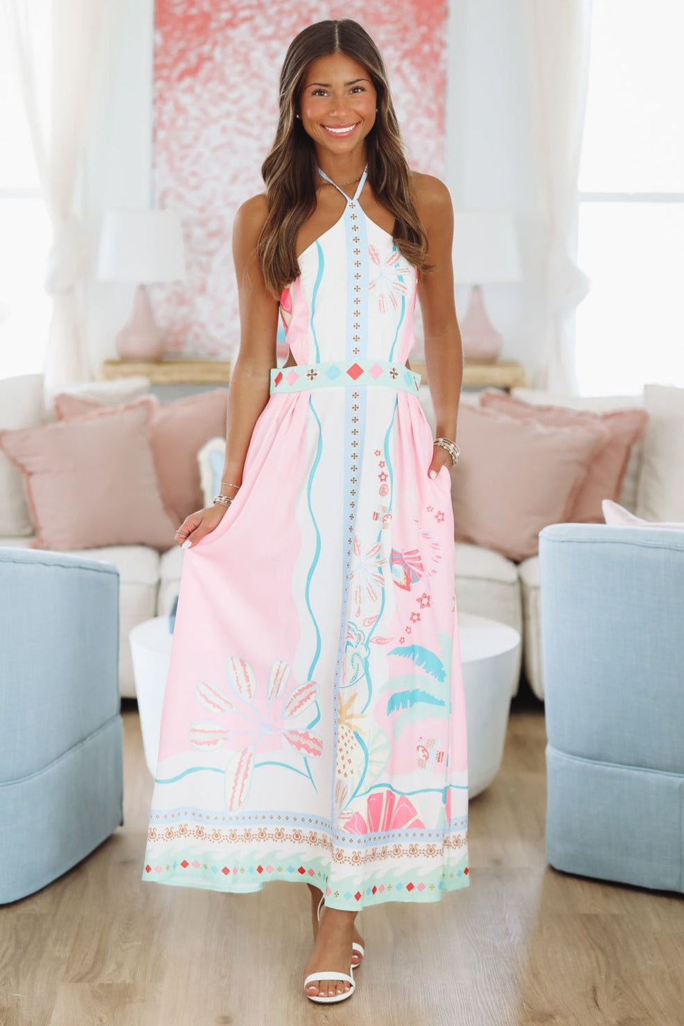 HAZEL & OLIVE About the Print Maxi Dress - White, Pink and Blue