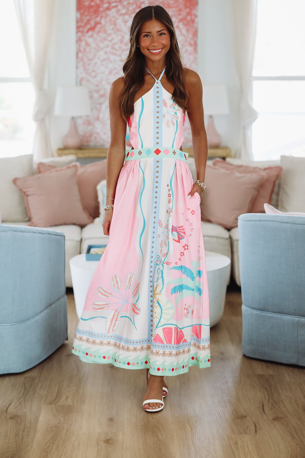 HAZEL & OLIVE About the Print Maxi Dress - White, Pink and Blue