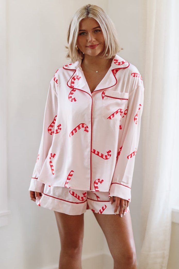 HAZEL & OLIVE Candy Cane Lane Pajama Set - Pink and Red