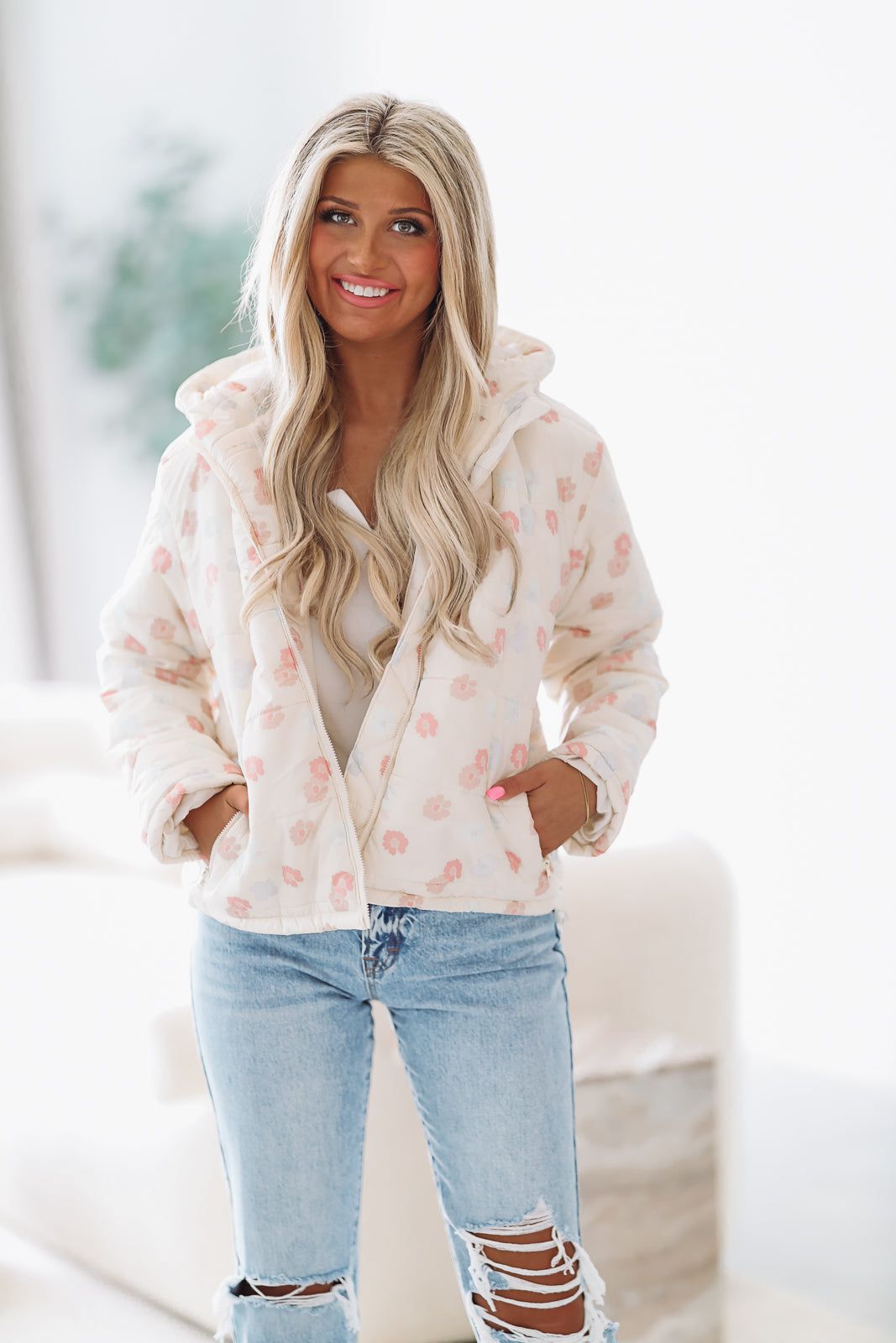 Floral puffer cheap coat