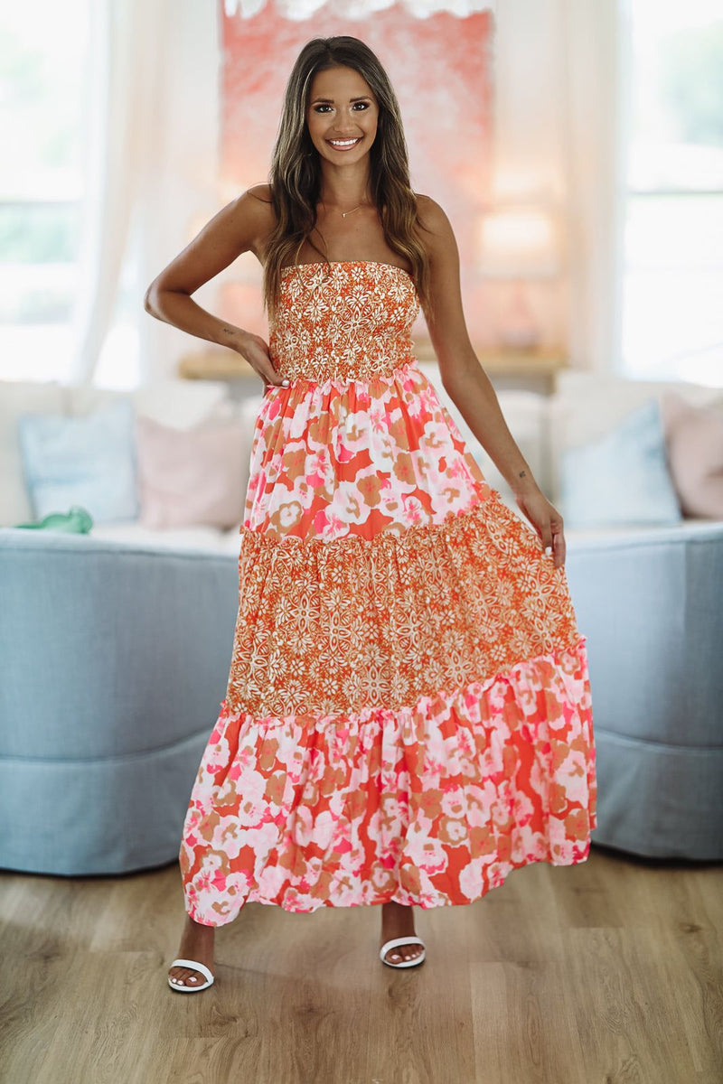 HAZEL & OLIVE Constantly Adored Ruffle Maxi Dress - Orange Lemon Pink