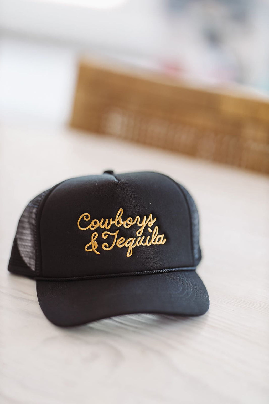 HAZEL & OLIVE Cowboys & Tequila Embroidered Trucker Hat - Black