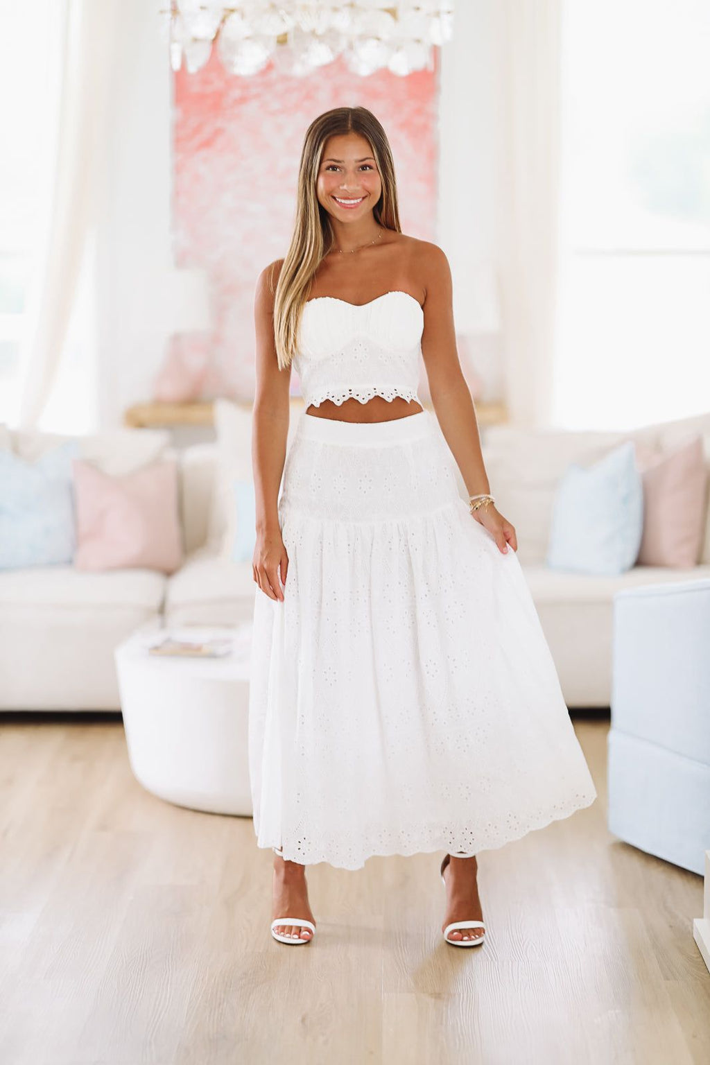 HAZEL & OLIVE Devoted to You Crop Top and Midi Skirt Set - White