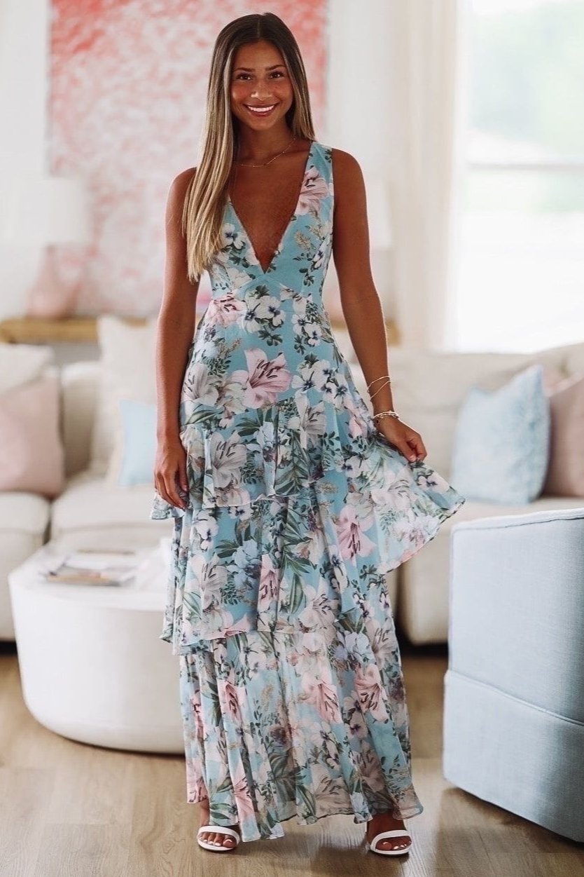 HAZEL & OLIVE Elena's Love Maxi Dress - Blue and Pink