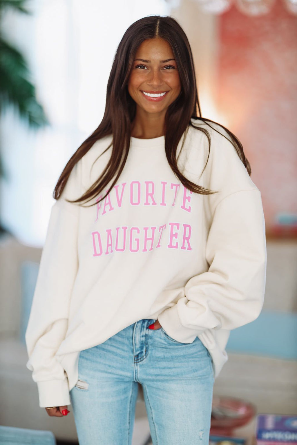 HAZEL & OLIVE Favorite Daughter Collegiate Sweatshirt - Gardenia