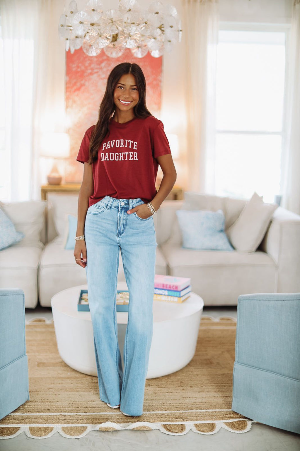 HAZEL & OLIVE Favorite Daughter Cropped Collegiate Tee - Sangria Nights