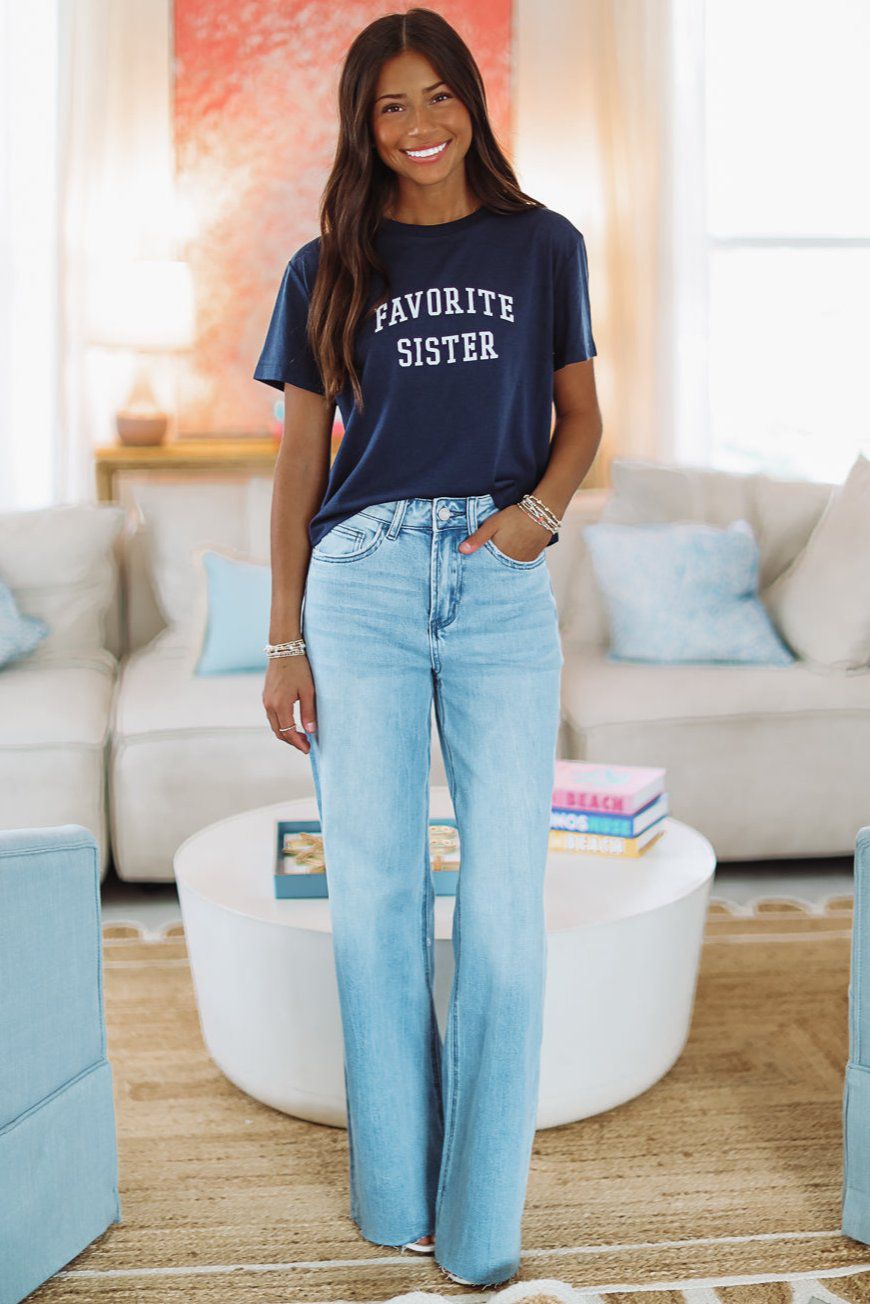 HAZEL & OLIVE Favorite Sister Cropped Collegiate Tee - Navy