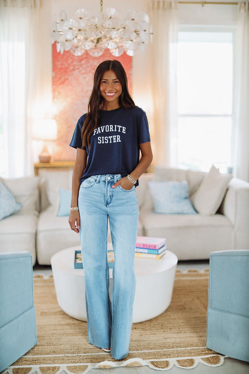 HAZEL & OLIVE Favorite Sister Cropped Collegiate Tee - Navy