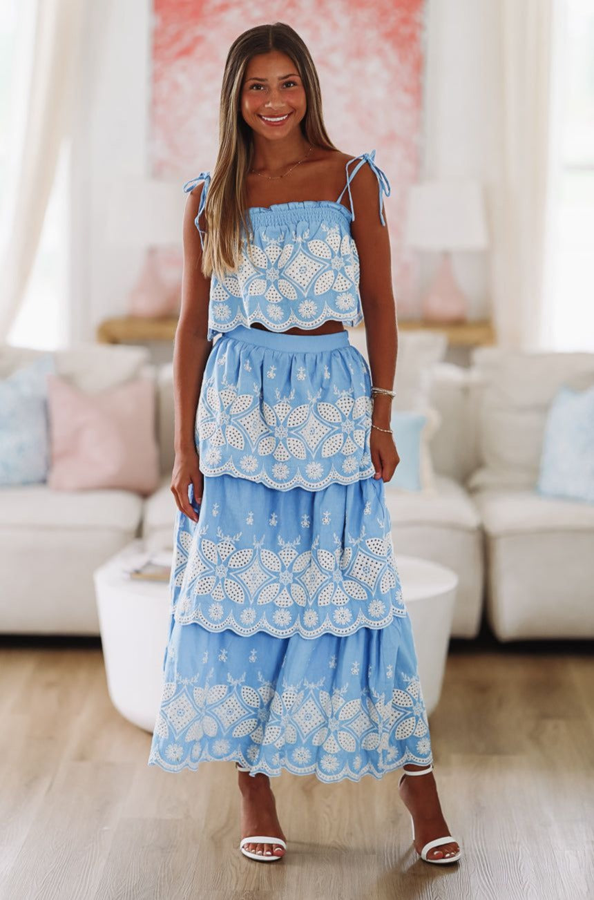 HAZEL & OLIVE Festival in the Sand Crop Top and Skirt Set - Blue and White
