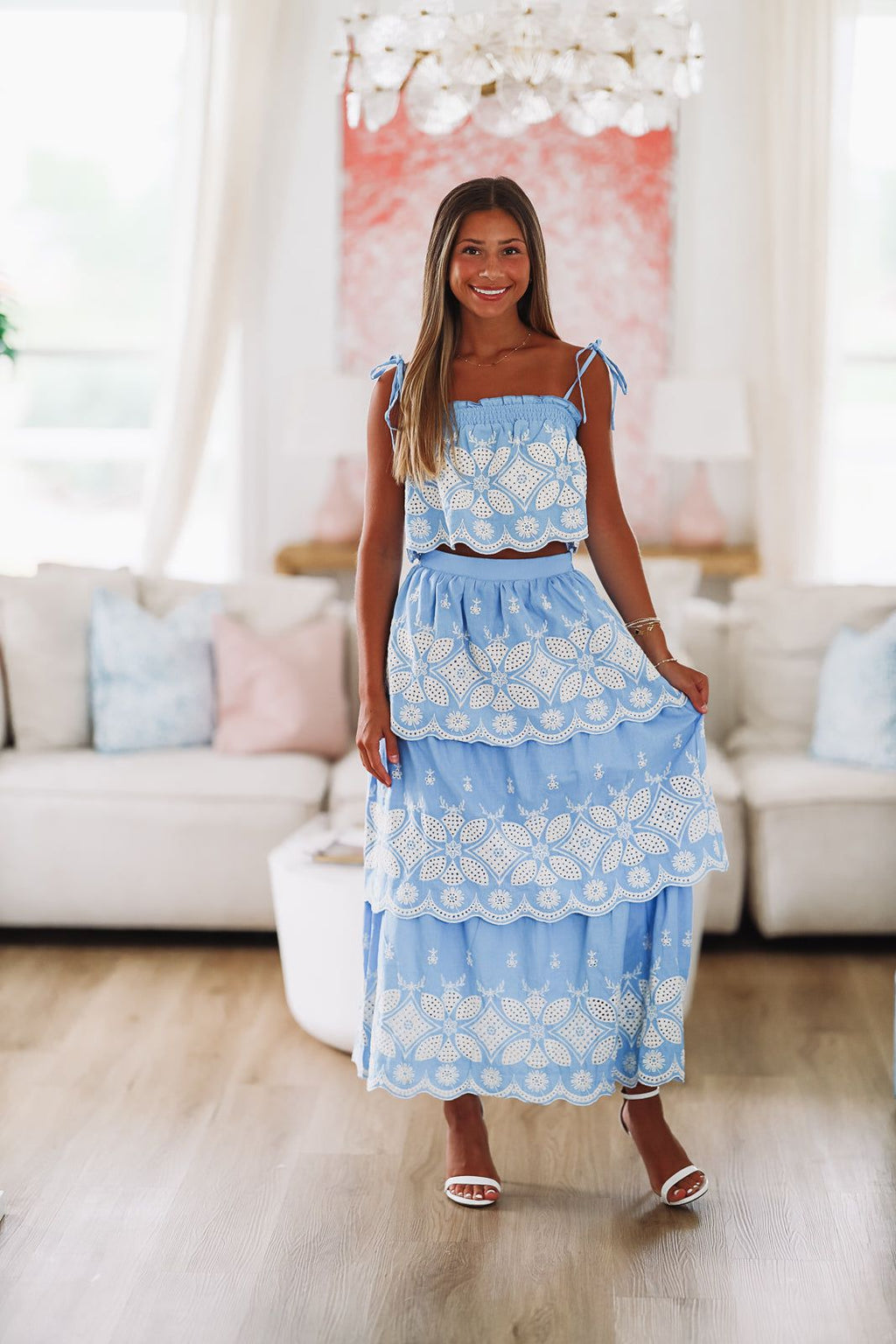 HAZEL & OLIVE Festival in the Sand Crop Top and Skirt Set - Blue and White