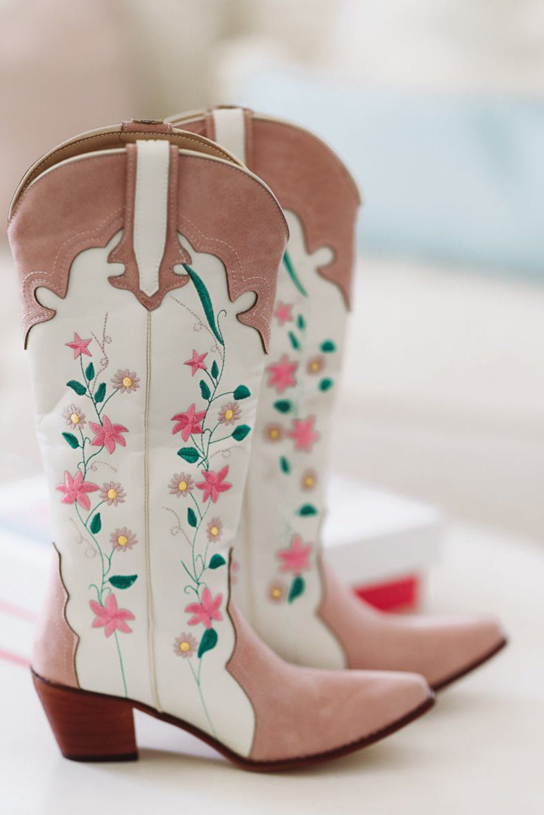 HAZEL & OLIVE Flower Girl Embroidered Boots - Cream and Pink