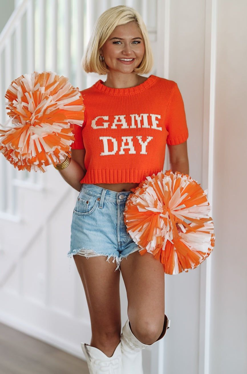 HAZEL & OLIVE Game Day Crop Sweater Top - Orange and White