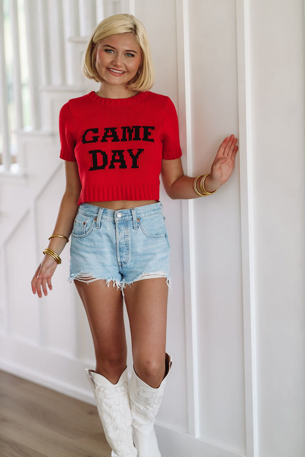 HAZEL & OLIVE Game Day Crop Sweater Top - Red and Black