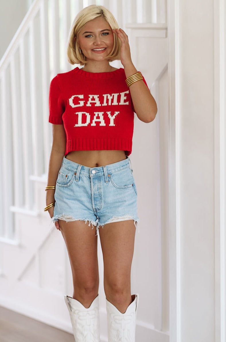 HAZEL & OLIVE Game Day Crop Sweater Top - Red and White