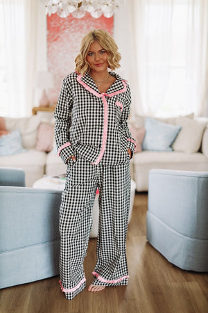 HAZEL & OLIVE Gingham Ruffle Pajama Pant and Top Set - Black White and Pink