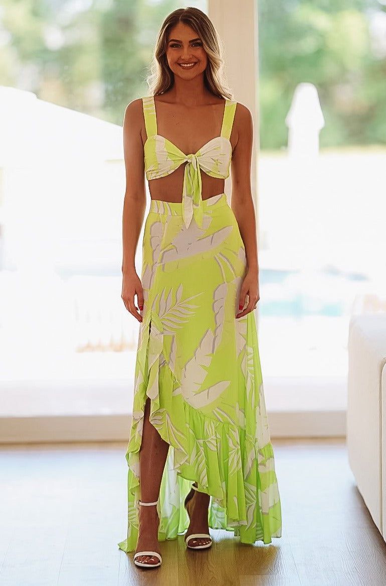 HAZEL & OLIVE Go With the Flow Maxi Skirt - Lime Green and White