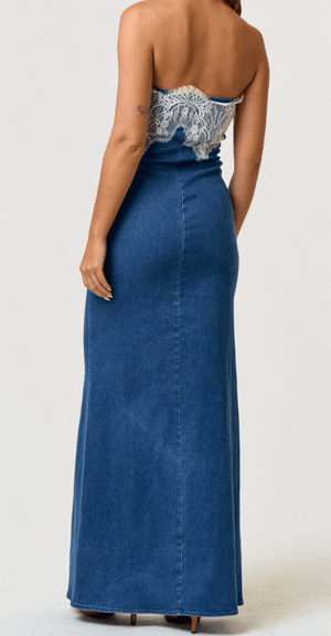 HAZEL & OLIVE Gone Country Lace Denim Maxi Dress - Dark Wash