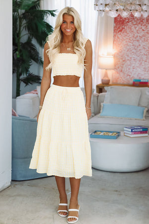 HAZEL & OLIVE Good Morning Sunshine Crop Top and Midi Skirt Set - Yellow and White