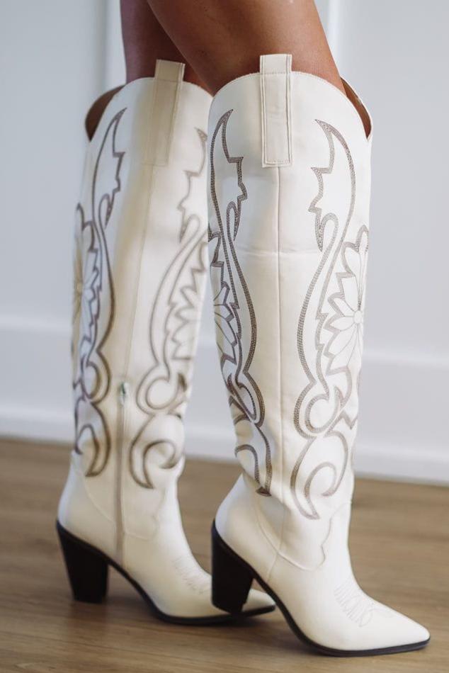 HAZEL & OLIVE Hit The Dance Floor Western Cowboy Boots - Ivory