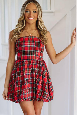 HAZEL & OLIVE Holiday in Style Balloon Mini Dress - Red Plaid