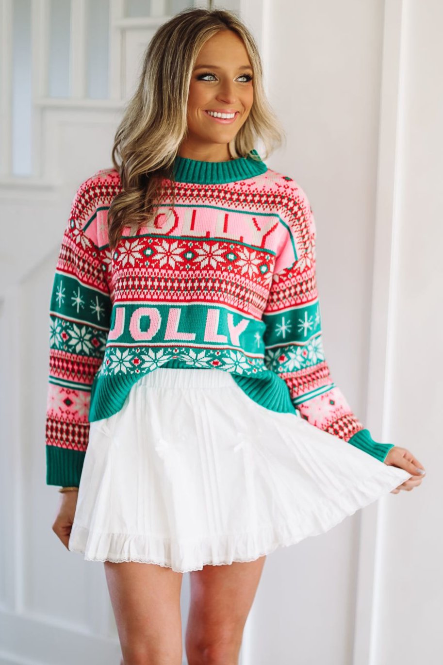 HAZEL & OLIVE Holly Jolly Christmas Sweater - Pink and Green