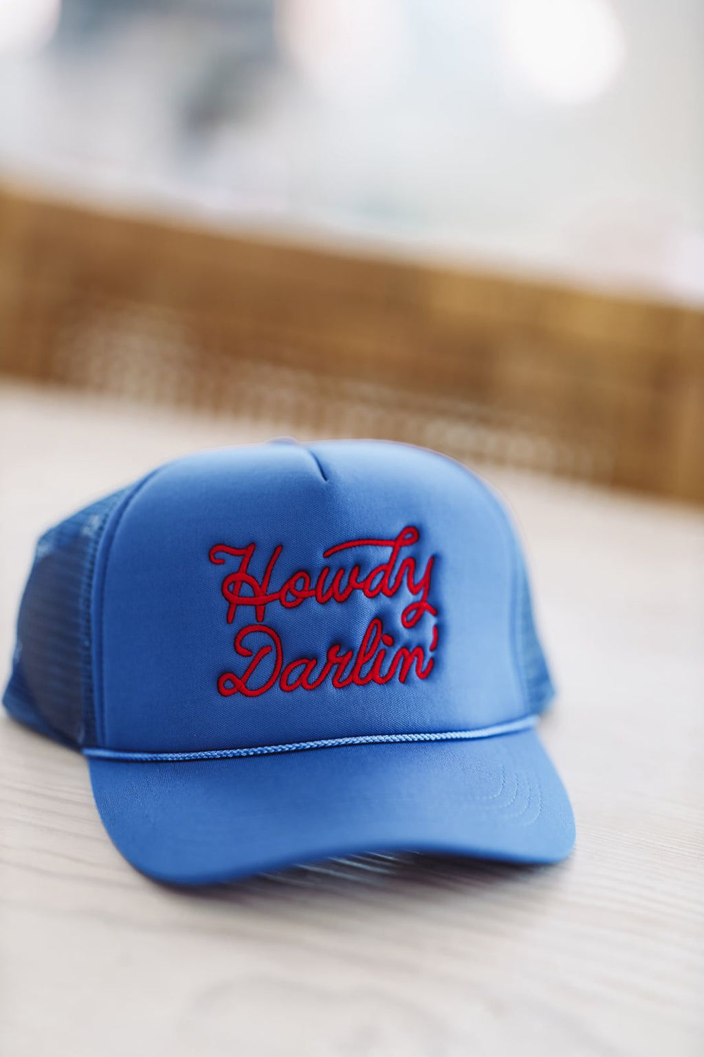 HAZEL & OLIVE Howdy Darlin' Embroidered Trucker Hat -  Blue