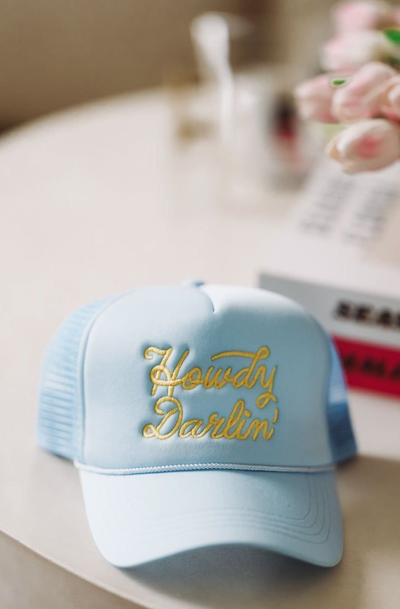 HAZEL & OLIVE Howdy Darlin' Embroidered Trucker Hat -  Light Blue