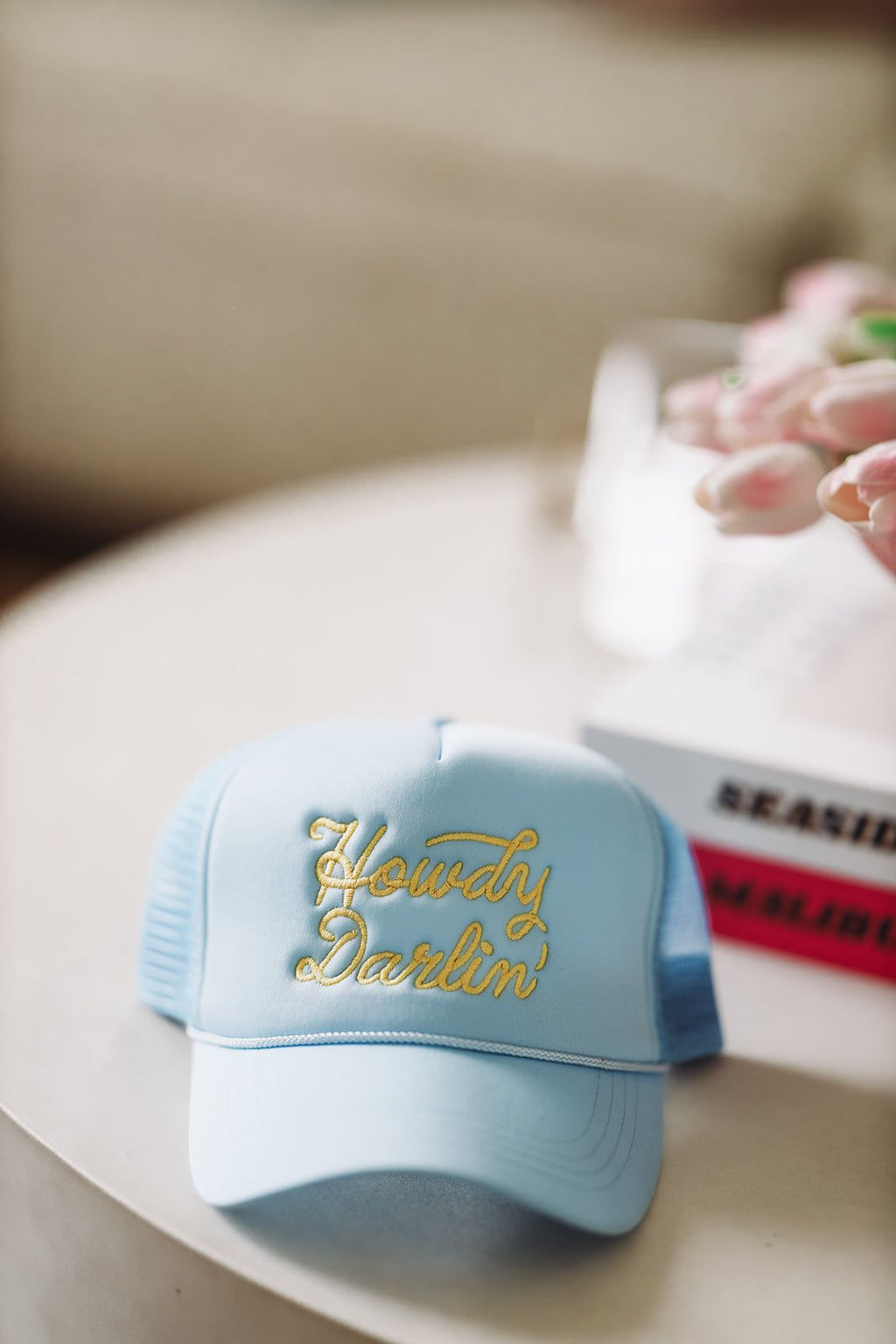 HAZEL & OLIVE Howdy Darlin' Embroidered Trucker Hat -  Light Blue