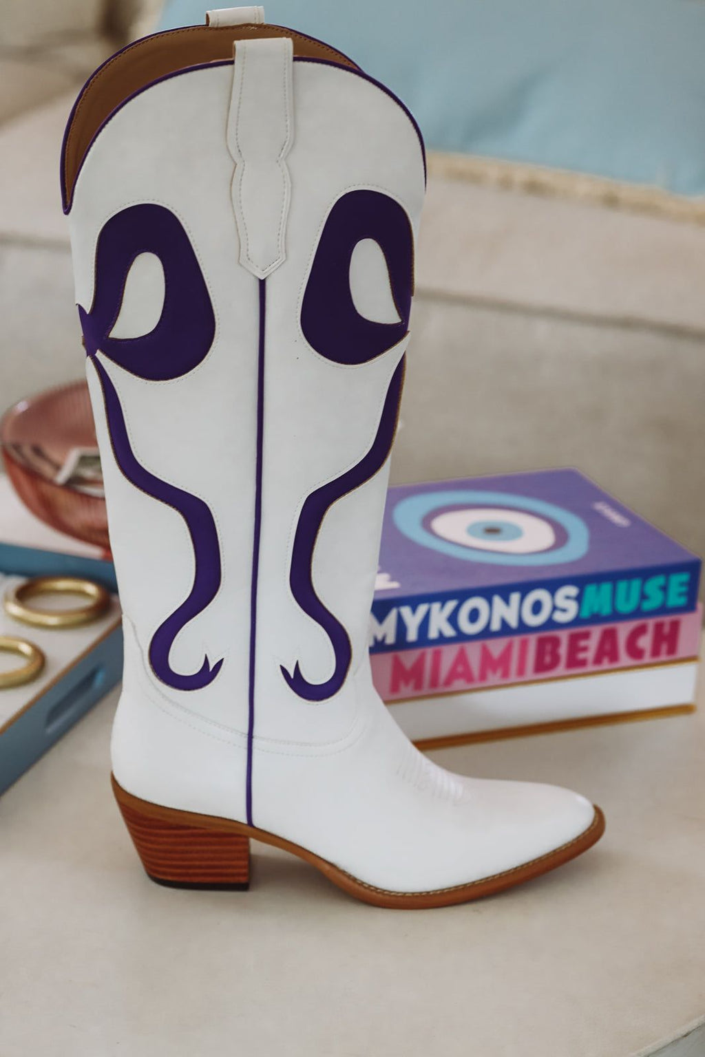 HAZEL & OLIVE Just a City Girl Cowboy Boots - White and Purple