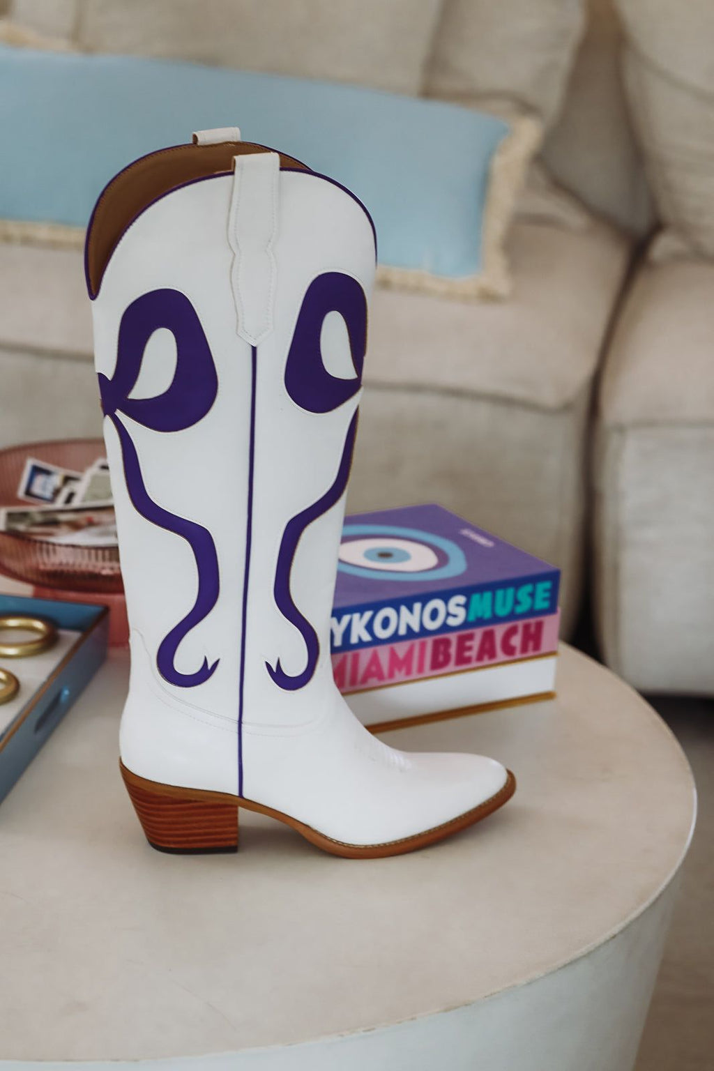 HAZEL & OLIVE Just a City Girl Cowboy Boots - White and Purple