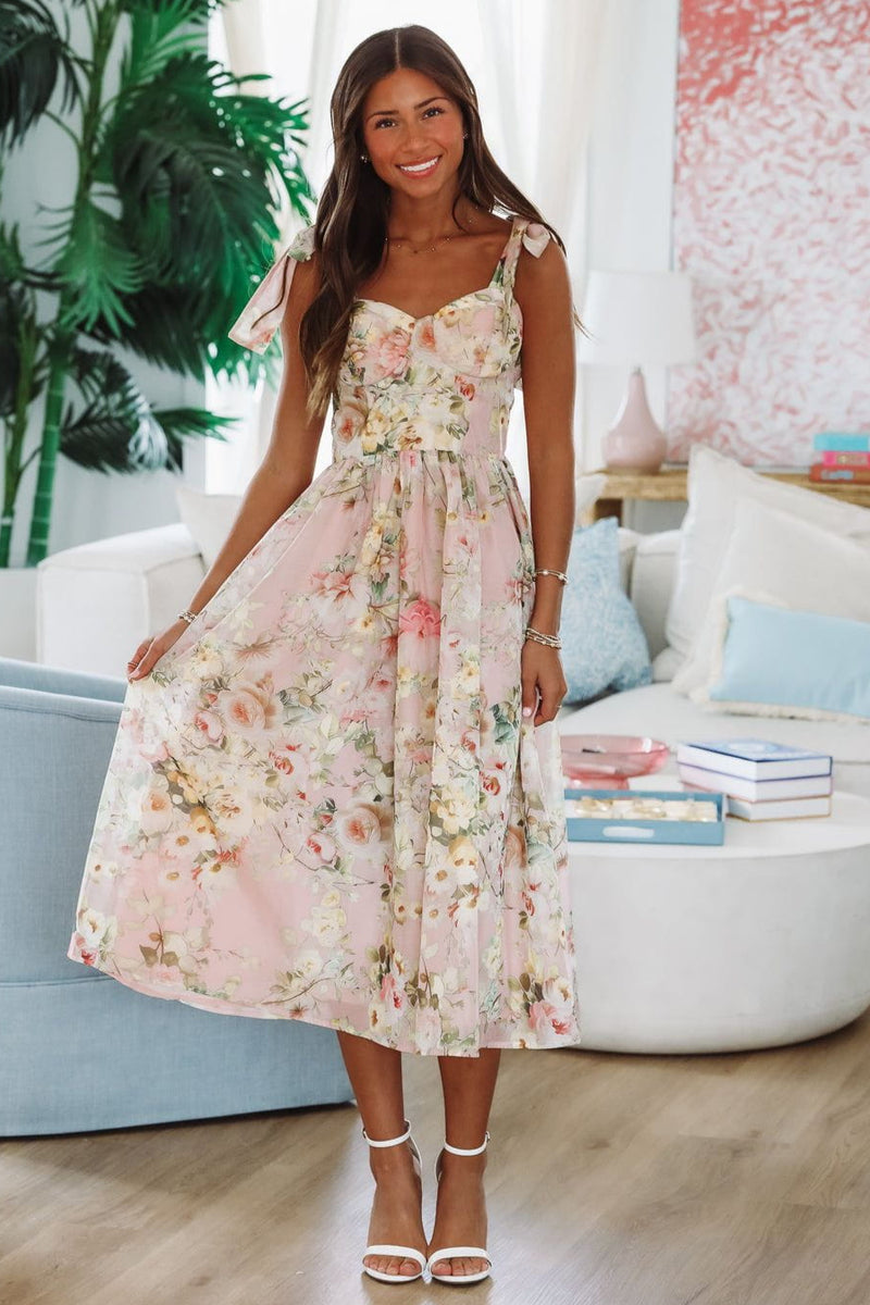 HAZEL & OLIVE Keep the Flowers Midi Dress - Blush, Cream and Green