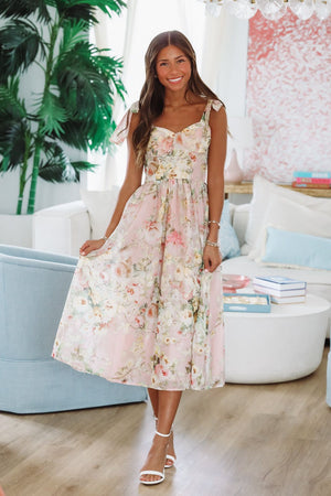 HAZEL & OLIVE Keep the Flowers Midi Dress - Blush, Cream and Green