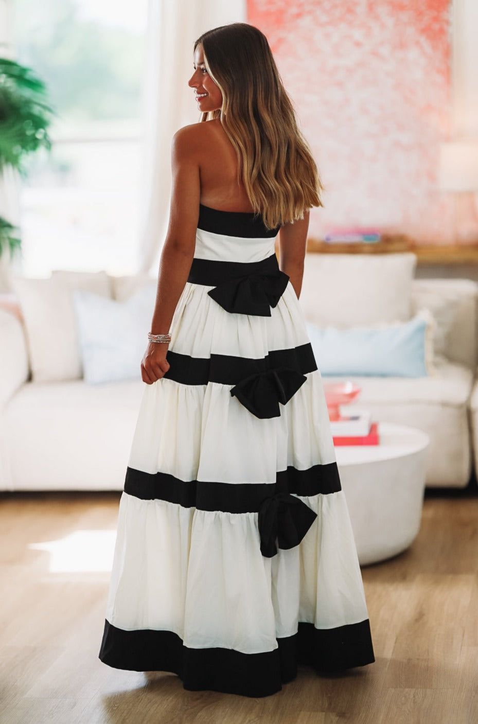 HAZEL & OLIVE Keeping it Classy Maxi Gown Dress - Ivory and Black