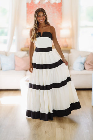 HAZEL & OLIVE Keeping it Classy Maxi Gown Dress - Ivory and Black