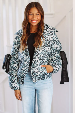 HAZEL & OLIVE Leopard Puffer Jacket - Grey