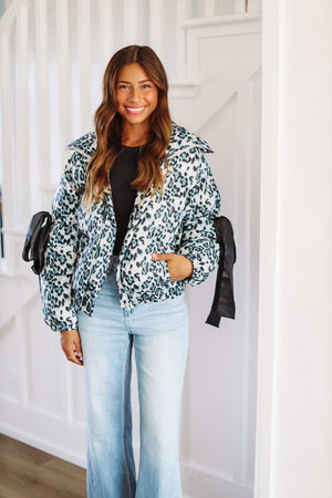 HAZEL & OLIVE Leopard Puffer Jacket - Grey