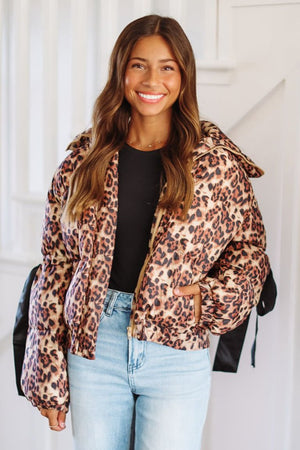 HAZEL & OLIVE Leopard Puffer Jacket - Taupe