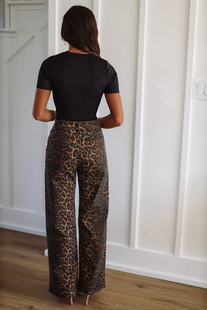 HAZEL & OLIVE Leopard Wide Leg Denim Jeans - Brown