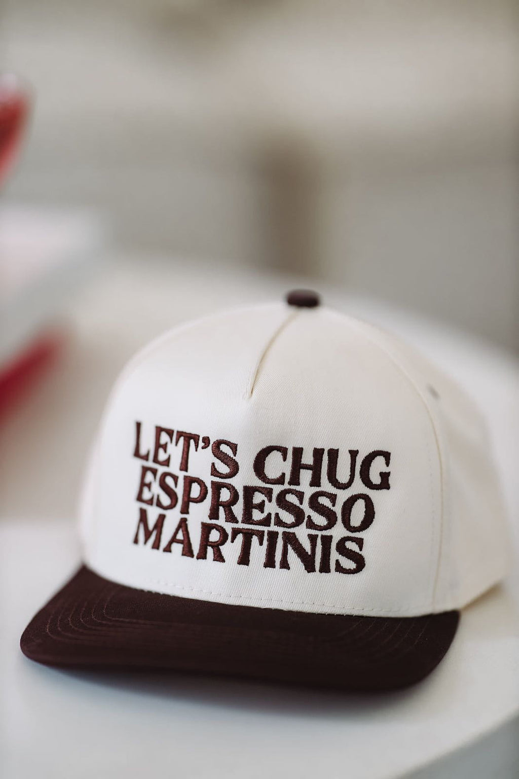 HAZEL & OLIVE Let's Chug Espresso Martinis Two Toned Snapback Hat - Beige and Brown