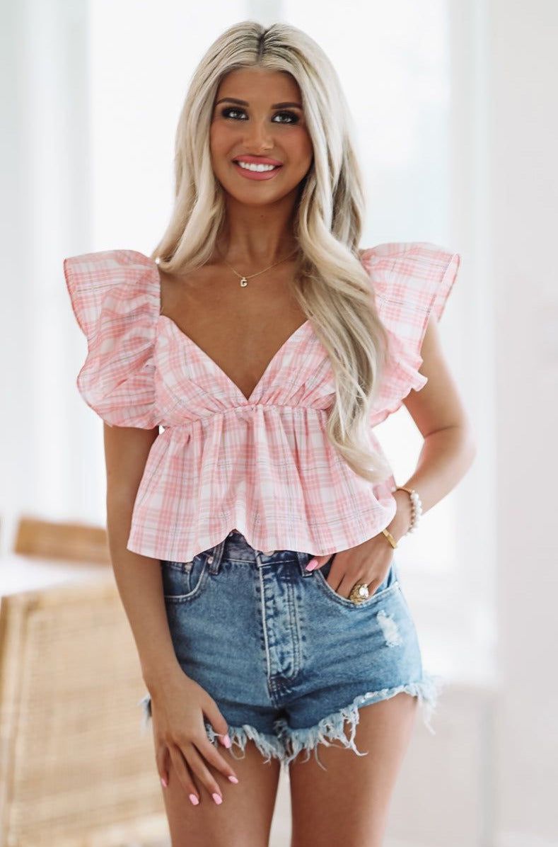 HAZEL & OLIVE Life of the Plaid Party Crop Top - Pink