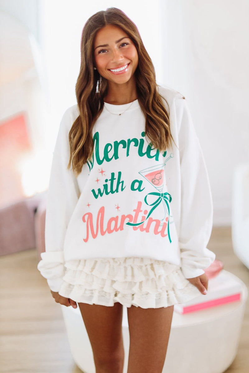 HAZEL & OLIVE Merrier With a Martini Sweatshirt - Cream