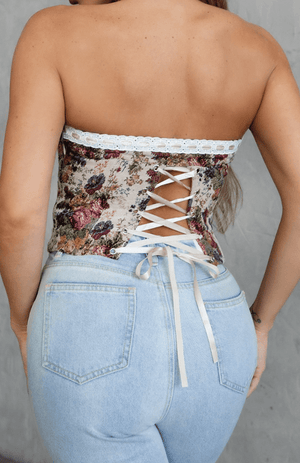 HAZEL & OLIVE Must Be Fate Corset Tapestry Crop Top - Taupe