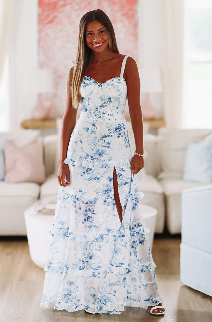 HAZEL & OLIVE Must Be Love Floral Maxi Dress - Blue and White