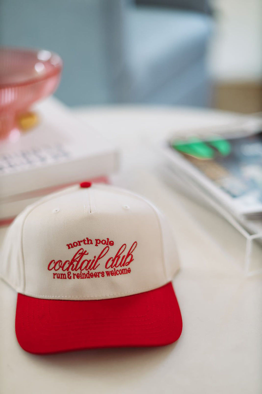 HAZEL & OLIVE North Pole Cocktail Club Trucker Hat - Red and Cream