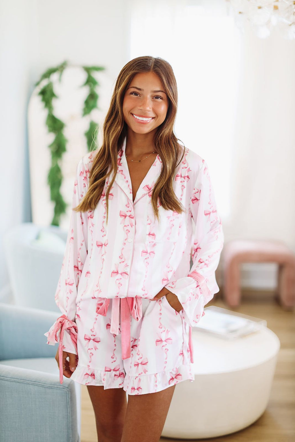 HAZEL & OLIVE Ribbons and Bows Pajama Top - Pink