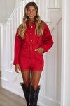 HAZEL & OLIVE Roll With Us Denim Romper - Crimson Red