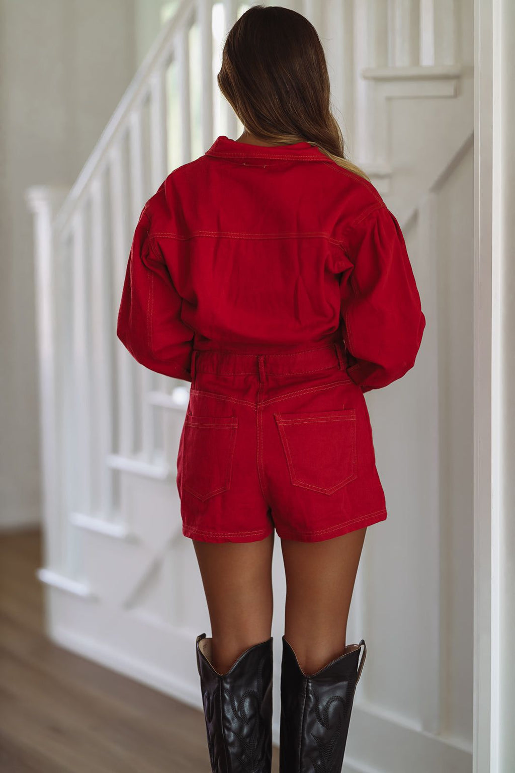 HAZEL & OLIVE Roll With Us Denim Romper - Crimson Red